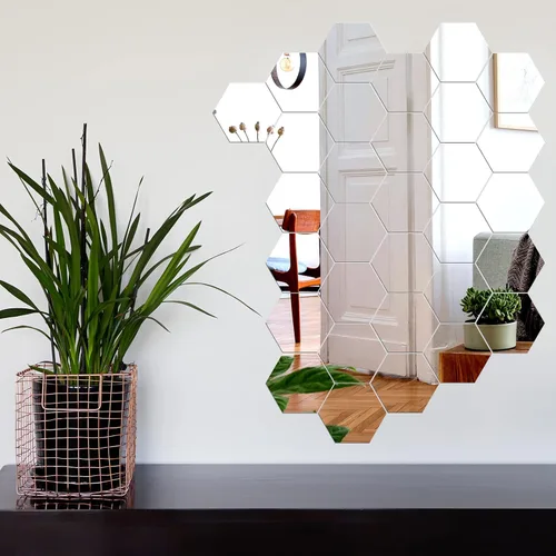 Vista 6 de Jetec 32 piezas de espejo hexagonal de 2 x 3.4 x 4 pulgadas, espejo de pared de vidrio autoadhesivo a granel, vidrio de pared plano flexible