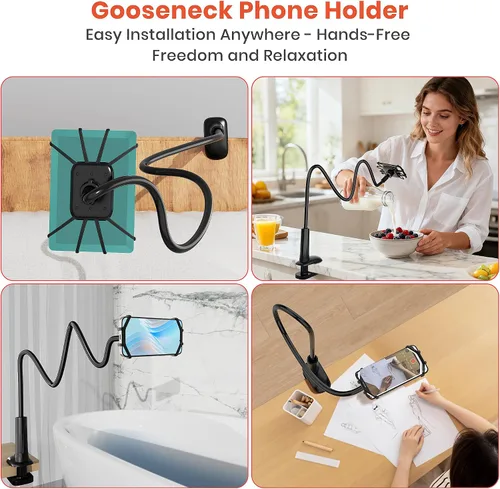 Vista 9 de Soporte para Kindle de cuello de cisne para leer en la cama, soporte de teléfono celular ajustable de 360° para escritorio, abrazadera flexible