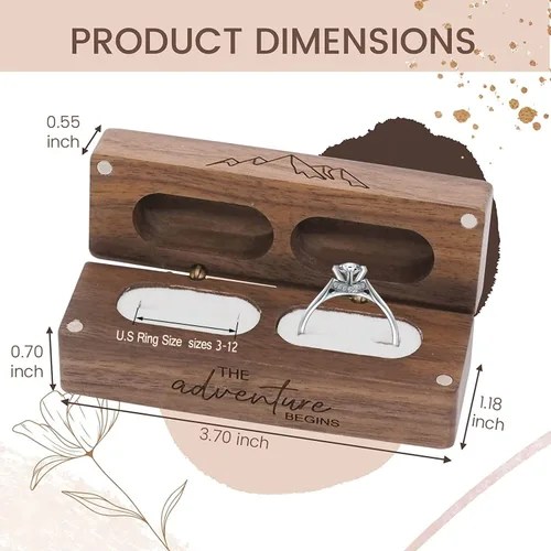Vista 5 de Caja de madera grabada con 2 anillos para boda, caja de almacenamiento rectangular de madera maciza rústica vintage