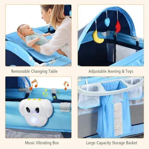 Vista 3 de HONEY JOY Empaca y juega con moisés, 4 en 1 portátil para bebé con cambiador, red y juguetes lindos, bolsa de almacenamiento de pañales, caja de Azul