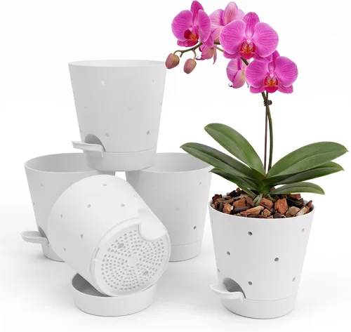 Vista 11 de 6 Inch Orchid Pot, 2 Pack Self Watering Plant Pots, Orchid Pots with Holes Blanco+Marrón