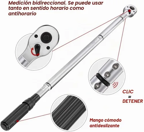 Vista 2 de Juego de llaves dinamométricas con accionamiento de 3/4 pulgadas de dirección dual. Llave dinamométrica ajustable de doble dirección con hebilla