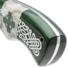Vista 4 de Timber Wolf Celtic Legend - Cuchillo de hoja fija con vaina, hoja de acero inoxidable 3CR13, mango de madera verde Kelly, protector de acero