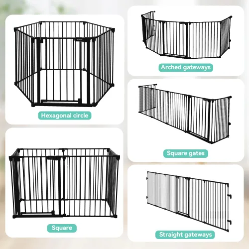 Vista 7 de COMOMY Puerta para bebés extra ancha de 150" con puerta, puertas para perros para entradas y chimeneas de la casa, área de juego con cerca