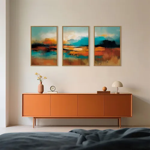 Vista 3 de Lienzo decorativo abstracto grande con marco naranja quemado, decoración de pared azul neutro y negro, arte moderno con pinceladas, impresión