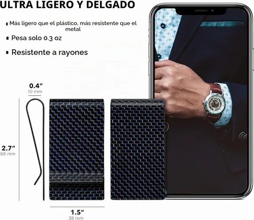 Vista 5 de Clip de dinero de fibra de carbono para hombre, delgado con bloqueo RFID Azul/Negro