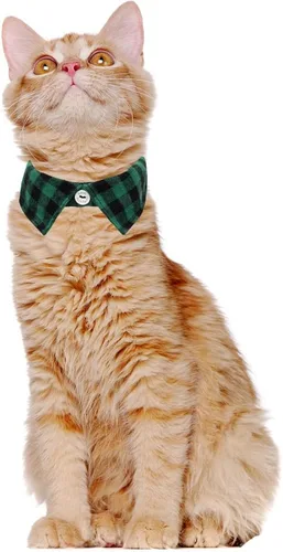 Vista 4 de Juego de 2 collares navideños para gatos con bonito pajarita y campana a cuadros Negro rojo+verde