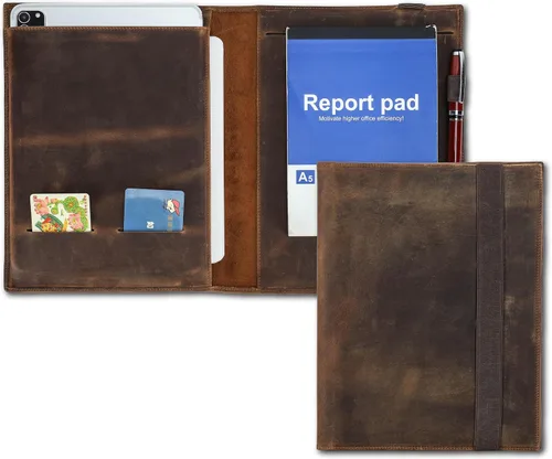 Vista 15 de Top Grain Leather - Padfolio de 8.3 pulgadas para hombres y mujeres, diseño vintage hecho a mano, organizador multifuncional de cartera de negocios