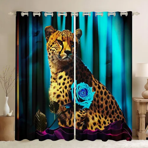 Vista 16 de Erosebridal Cortinas de Rosas Rojas 3D Tratamientos para Ventanas de Guepardo, Paneles de Cortinas con Estampado de Gato Leopardo para Sala