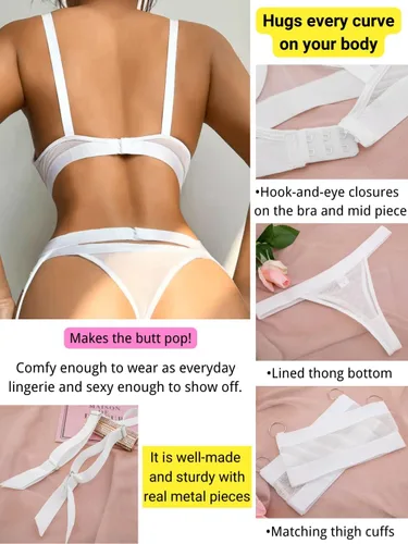 Vista 158 de Kaei&Shi - Lencería con liguero para mujer, conjunto de encaje traslúcido y sexy de 4 piezas combinadas