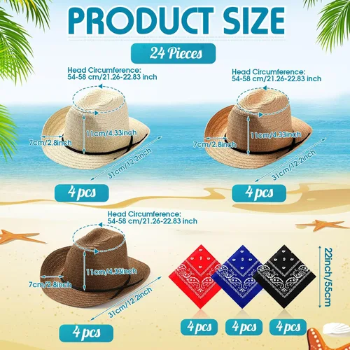 Vista 2 de SATINIOR Juego de 12 sombreros de vaquero de paja para niños con bandanas, disfraz de vaquero para fiesta occidental, disfraz de niño