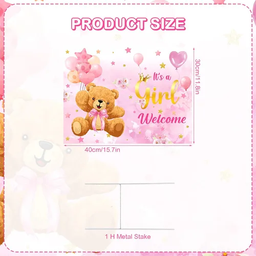 Vista 3 de Letrero de bienvenida para el patio de la niña con tema de oso lindo cartel de baby shower con estaca rosa revelación de género decoración de césped