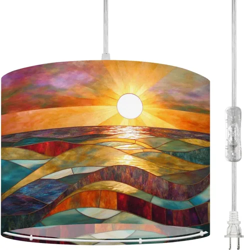 Vista 16 de Plug in Pendant Light Succulent Field Stained Glass Panel Hanging Lamp with Plug in Cord 16.4 ft Dimmable Hanging Light for Bedroom Kitchen Island