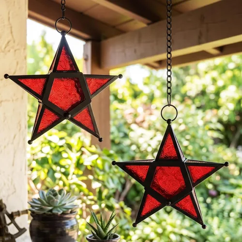 Vista 14 de Juego de 2 Faroles portavelas decorativos con forma de estrella, transparente