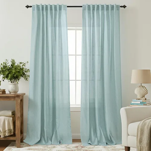Vista 85 de Cortinas rústicas color beige tostado de 42 x 84 pulgadas de largo para sala de estar, juego de 2 paneles transparentes de lino natural, imitación