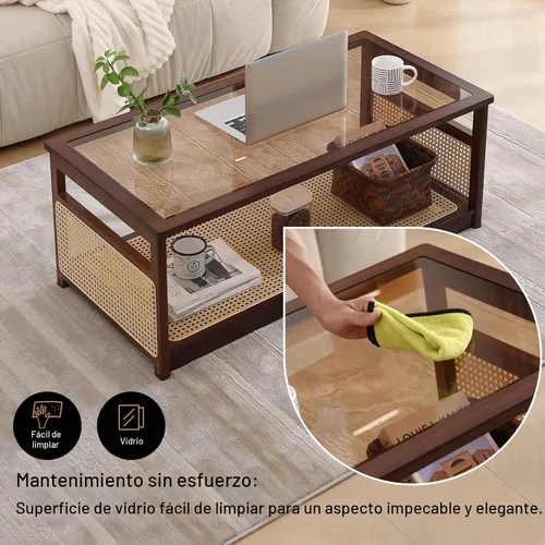 Vista 4 de Welnow Mesas de centro de ratán para sala de estar, moderna mesa de centro de 2 niveles, mesa de centro rectangular de mediados de siglo con estante