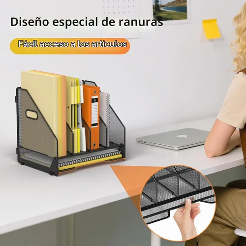 Vista 5 de Docnest Organizador de archivos de escritorio, 4 compartimentos verticales con bandeja de cartas, soporte de archivos de malla con asa
