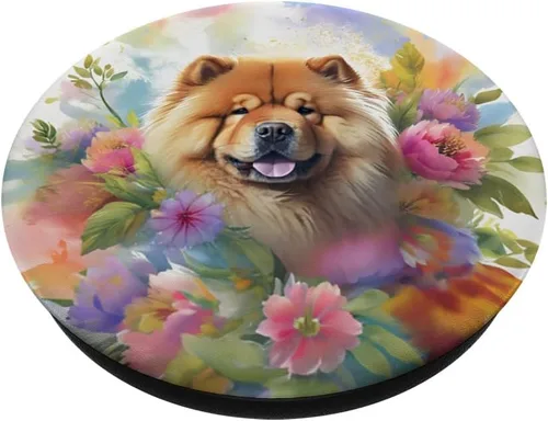 Vista 2 de Chow Chow - Retrato de acuarela floral para perro, PopSockets, PopGrip estándar