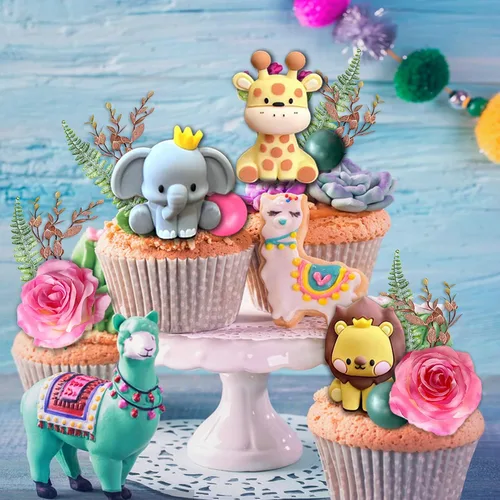 Vista 4 de 22 adornos de animales de selva de safari para tartas, bolas de flores, decoración de tartas con hojas de palmeras bohemias, juguetes de animales