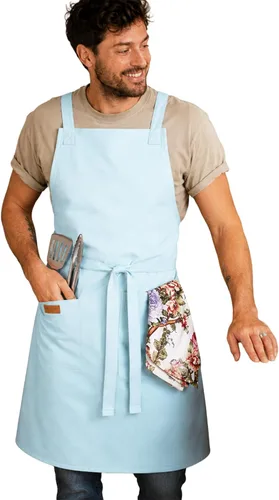 Vista 4 de Delantal de cocina 100% algodón con 2 bolsillos, delantal de chef ajustable para cocinar, hornear barbacoa, delantal unisex