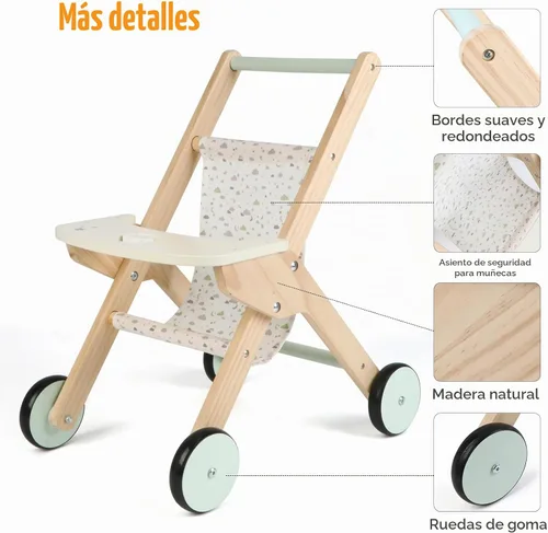 Vista 6 de Cochecito de muñeca de madera para caminar, cochecito de bebé para muñecas