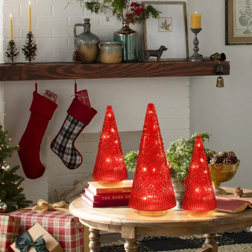 Vista 7 de PHITRIC Decoraciones de Navidad para Interiores, 3 Piezas de Centros de Mesa de Árbol de Navidad de Cristal Rojo Brillante con Luces LED