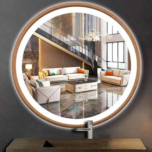 Vista 8 de Espejo de baño LED redondo con marco de madera con luces de 20 pulgadas, espejo de pared iluminado, 3 colores regulables, antiniebla, espejo 20.0 in