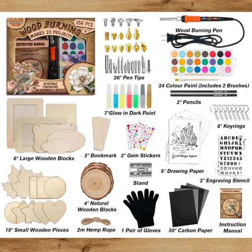 Vista 8 de K KERNOWO Kit de Quemado de Madera - 156 Piezas Kit Completo Todo-en-Uno con Pluma para Quemar Madera de Temperatura Ajustable, Regalos