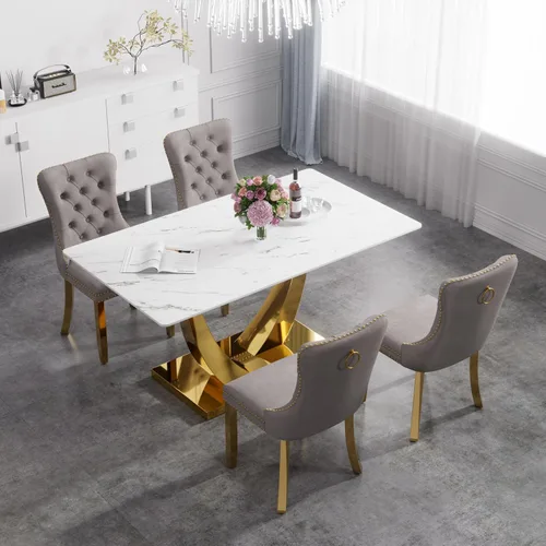 Vista 34 de Juego de mesa de comedor de cristal moderno de mediados de siglo para 4, 63 pulgadas, juego de comedor rectangular grande de lujo con parte superior