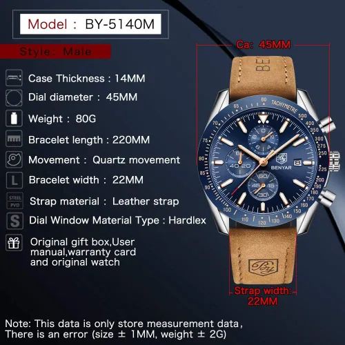 Vista 6 de BY BENYAR Reloj de pulsera para hombre Tienda analógico relojes para hombre negocios trabajo impermeable cronógrafo para hombre moda minimalista
