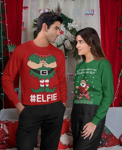 Vista 3 de Tstars I Touch My Elf Elfie Ugly Christmas Sweater Sweatshirt Funny Matching Couple Set Set
