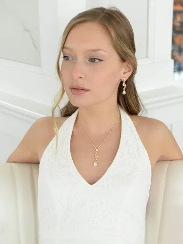 Vista 3 de Mariell Graceful - Juego de collar y aretes de lágrima de oro de 14 quilates, para novia, dama de honor y baile de graduación, Metal Gema, Circonita