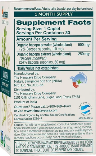 Vista 2 de Himalaya Bacopa orgánica - Suplementos herbales de Bacopa Monnieri para el apoyo a la memoria y la concentración - USDA Orgánico, vegano, sin OMG