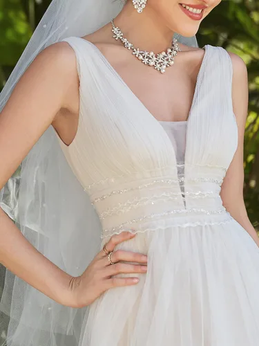 Vista 5 de Ever-Pretty Vestido maxi sin mangas con cuello en V doble encaje una línea de tul fruncido 0096A