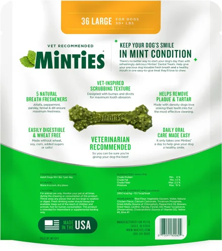 Vista 8 de Minties Masticables dentales para perros, 36 unidades, golosinas con sabor a menta recomendadas por veterinarios para perros grandes de más de 50