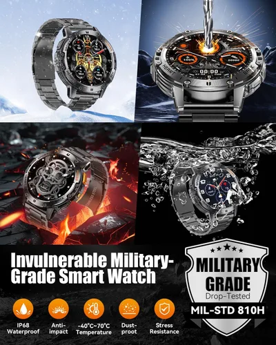 Vista 8 de Relojes inteligentes militares para hombres con llamada Bluetooth, reloj inteligente impermeable AMOLED de 1.43" con linterna, 111 modos deportivos