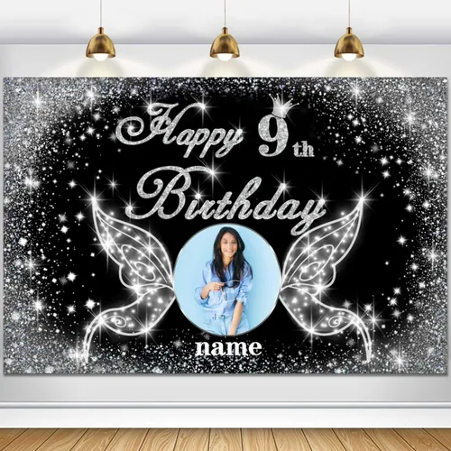 Vista 33 de Cartel personalizado de decoración de fiesta de cumpleaños número 100 - tema de alas de ángel - negro y plateado HY-NLK-100º