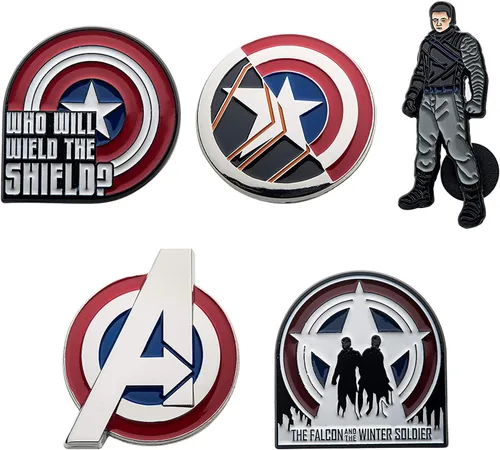 Vista 2 de Marvel Studios: The Falcon y The Winter Soldier - Juego de 5 pines de solapa con base de metal y esmalte con caja circular de 6.3 pulgadas