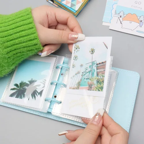 Vista 3 de Mini álbum de fotos, soporte para tarjetas de fotos azules, tarjetas fotográficas Kpop de piel sintética de 3 anillos, álbum de películas de fotos