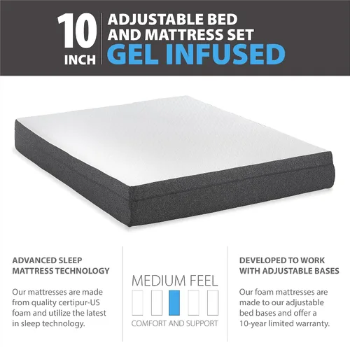 Vista 3 de Blissful Nights Colchón de espuma viscoelástica de firmeza media con infusión de gel de 10 pulgadas con marco de cama ajustable e2, juego combinado