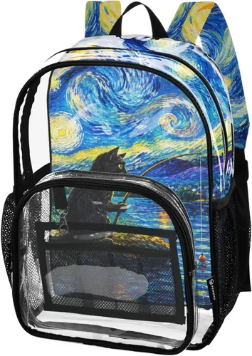 Vista 15 de Mochila transparente con diseño de gato negro y helado para la Lirios de gato azul
