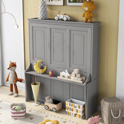 Vista 9 de Baúl móvil Murphy de tamaño Queen con módulo USB integrado de doble alimentación/USB, armario moderno y tradicional de madera maciza con cajón Gris-A