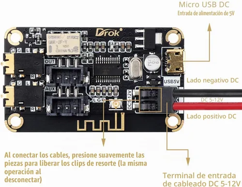 Vista 3 de DROK Placa de Bluetooth, Receptor de Audio de 12V, Módulo de Bluetooth DC 5V-12V, Electrónica Portátil, Circuito de Recepción de Música Estéreo