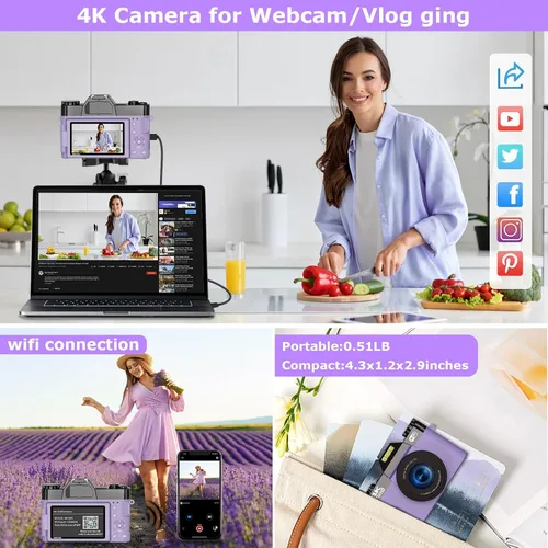 Vista 7 de Cámara digital 4K de 56 MP, cámara de vlogging para YouTube con WiFi, cámara compacta de enfoque automático 16X con zoom digital con tarjeta micro