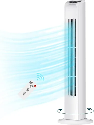 Vista 9 de Uthfy Ventilador de torre oscilante para dormitorio, ventilador de pie portátil con control remoto, 3 modos, 3 velocidades, temporizador de 7.5