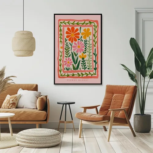 Vista 4 de Arte de pared de flores silvestres rosas, póster retro de mercado de flores, impresión botánica colorida de moda, arte popular, ilustración floral
