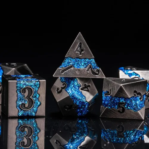 Vista 3 de Dados poliédricos DND de metal, juego de dados metálicos con purpurina a rayas grandes, juego de 7 dados plateados antiguos para juegos de rol