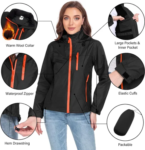 Vista 4 de Chaqueta impermeable plegable para mujer, ligera, impermeable, con capucha, cortavientos para viajes al aire libre, senderismo