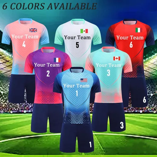 Vista 5 de Camisetas de fútbol personalizadas para niños, uniformes de fútbol para hombres, conjunto de camiseta y pantalones cortos con número de nombre