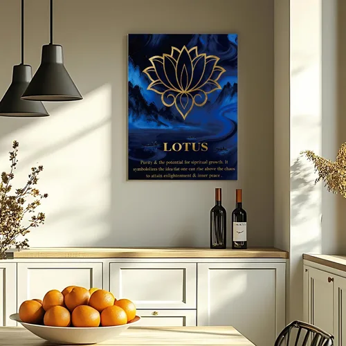 Vista 3 de Arte de pared Zen azul y dorado para sala de estar, flor de loto abstracto, naturaleza, montaña, río, imagen, meditación, oficina, budismo